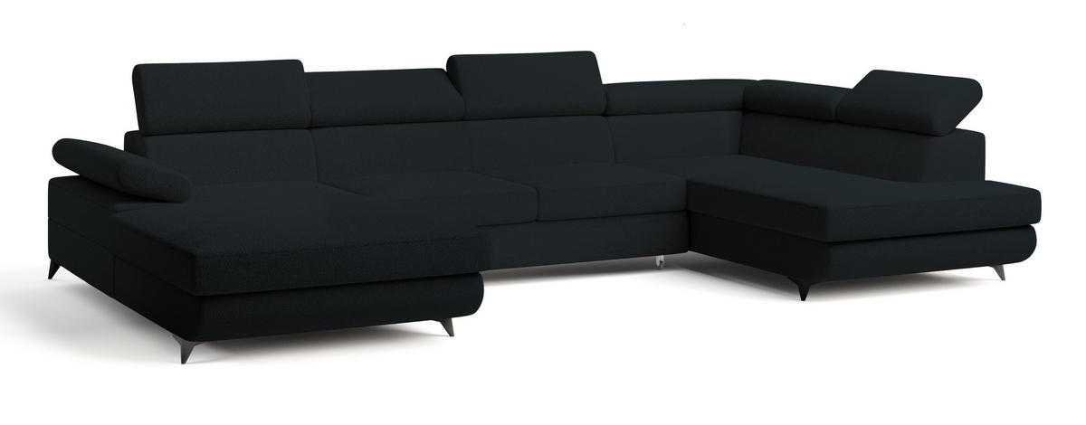 WOHNLANDSCHAFT RUBANO R-S Schwarz Boucle-Stoff mit Schlaffunktion - Schwarz, Holz (339/89/190cm) - MASSENO