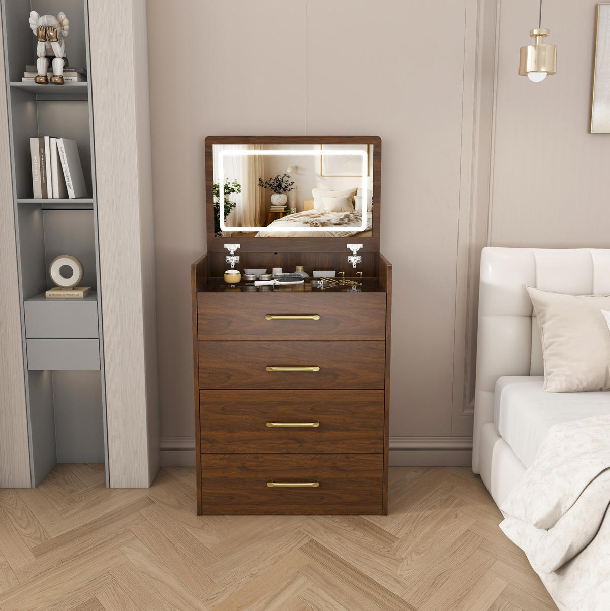 SCHMINKTISCH 40/60/118 cm mit aufklappbarem Spiegel, Glasplatte, 3-in-1-Funktion und Hocker, Walnuss - Weiß, Holzwerkstoff (60/118/40cm) - Redom