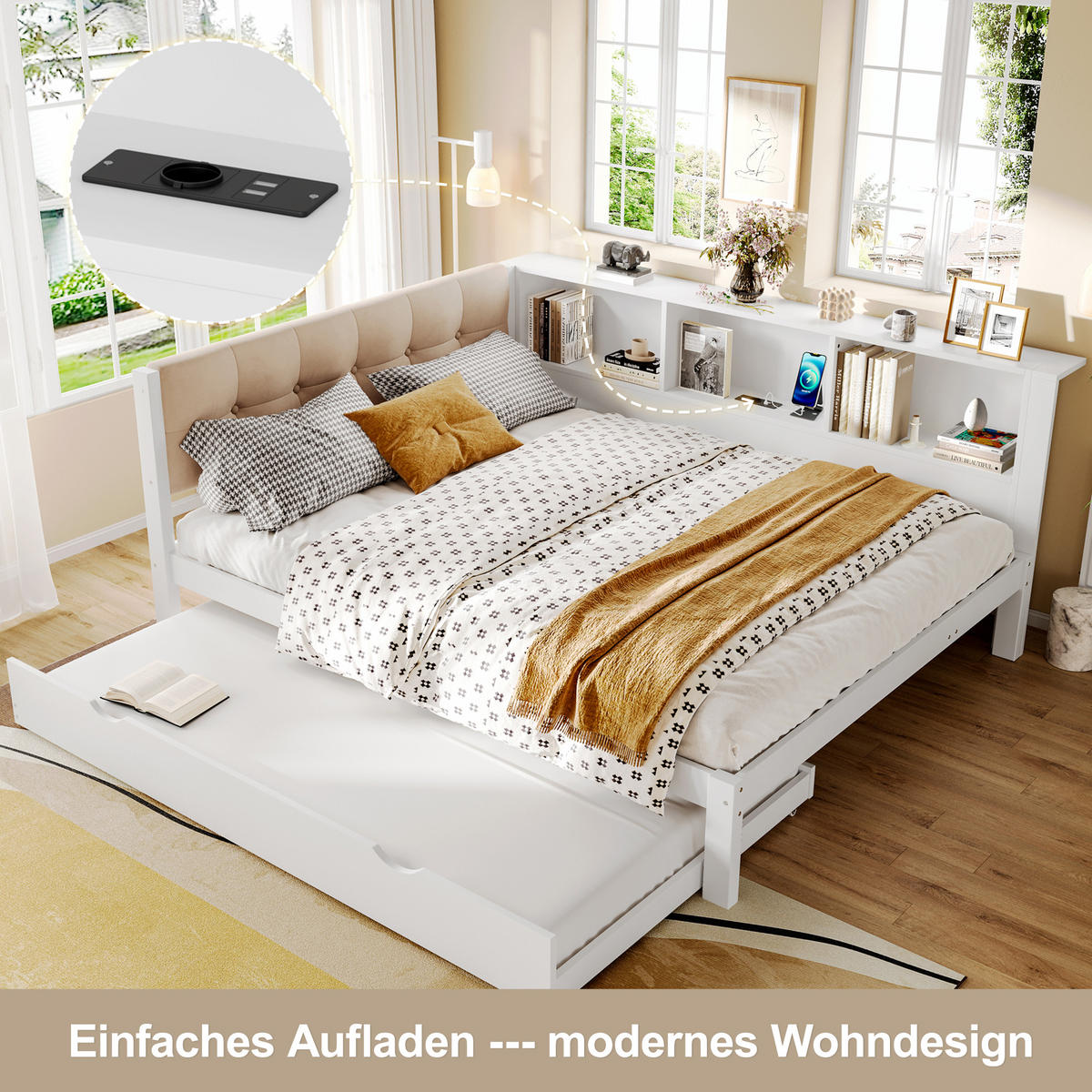 TAGEBETT 140x200cm Weiß Kiefer Ausziehbett LED-Leiste USB Regal - Weiß, Holz (140/200cm) - FLIEKS