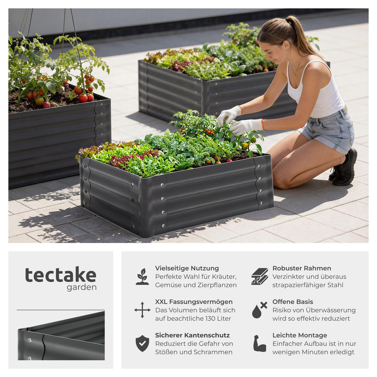 HOCHBEET Salvia verzinkt, 80 x 60 x 30 cm, 130 l, Stahl grau, inkl. Handschuhe - Grau, Metall (60/30/80cm) - tectake