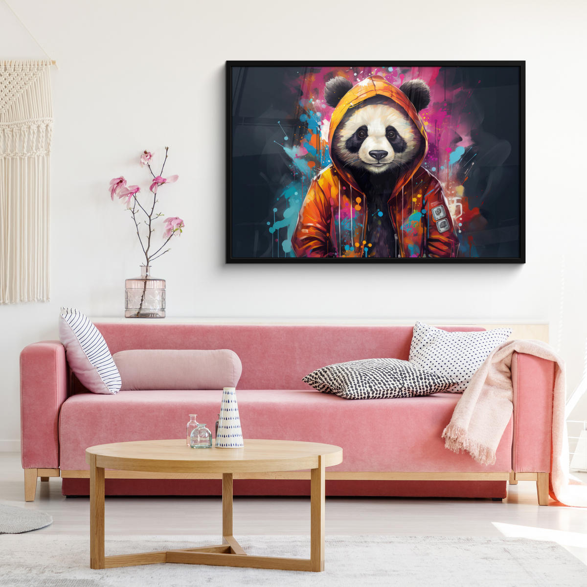 POSTER MIT RAHMEN Panda - Jacke - Graffiti - Orange 120x80 cm - Orange, Papier (120/80cm) - MuchoWow
