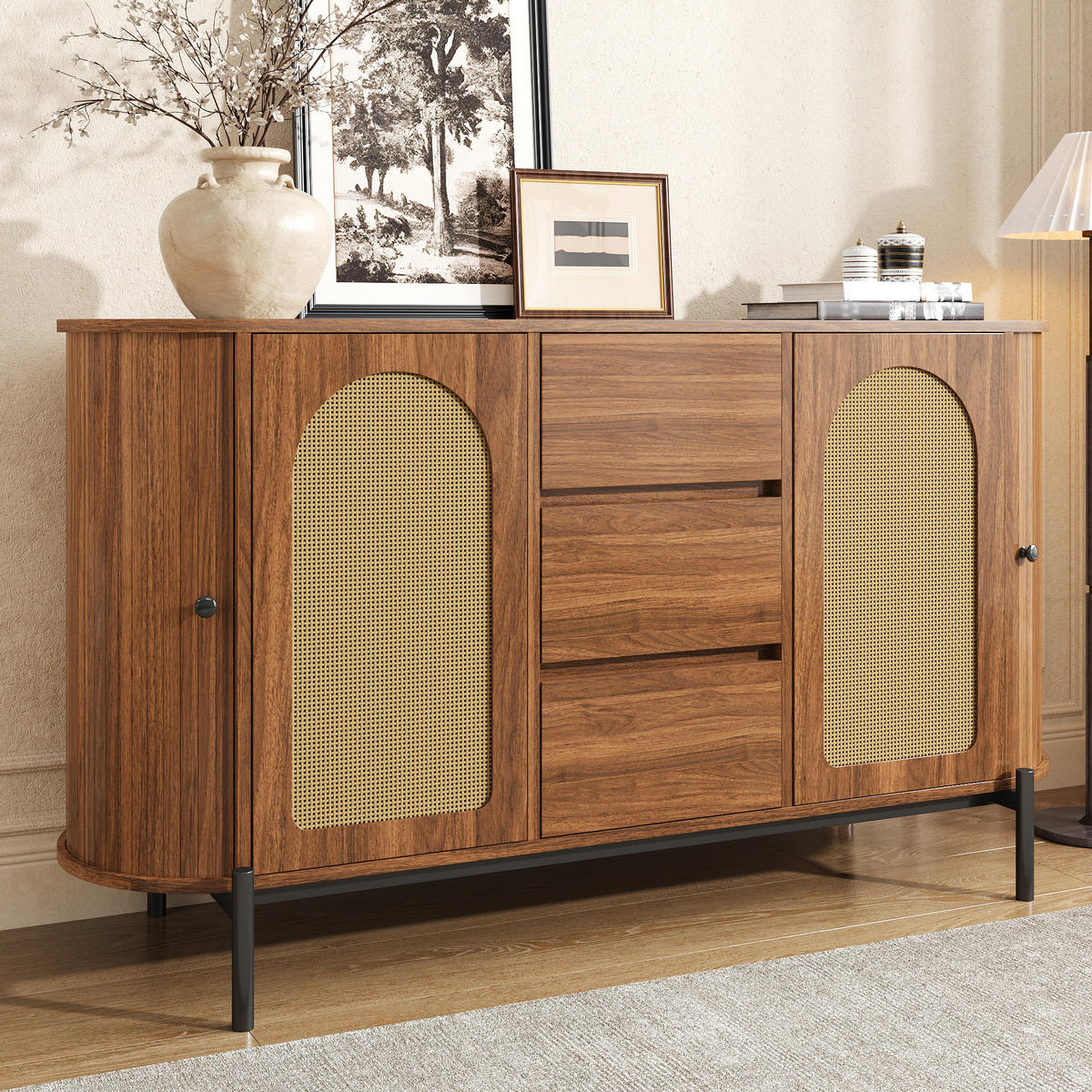 SIDEBOARD in Holzoptik Ovaler Aufbewahrungsschrank mit verstellbare Einlegeböden und Schiebetüren, B140/T38/H77,5(cm) - Schwarz/Braun, Holzwerkstoff/Metall (140/77.5/38cm) - STILVORA