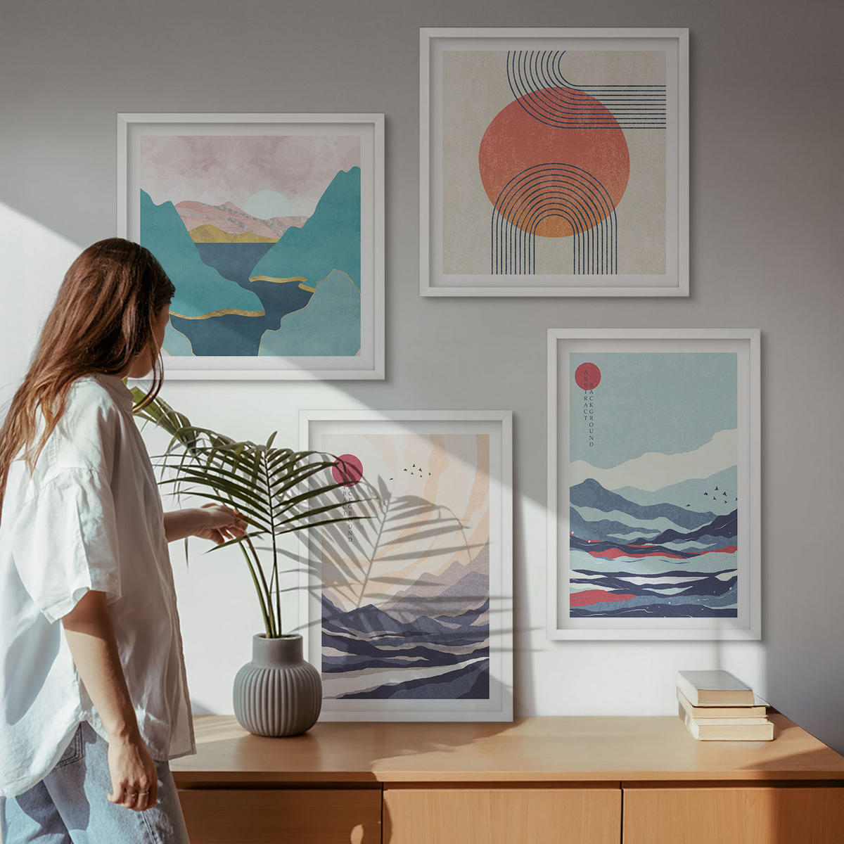 BILDER SET 4er Set - 50x50 cm & 40x60 cm Weißer Rahmen - Japanische Berglandschaften - Weiß, Kunststoff (50/50cm) - TULUP