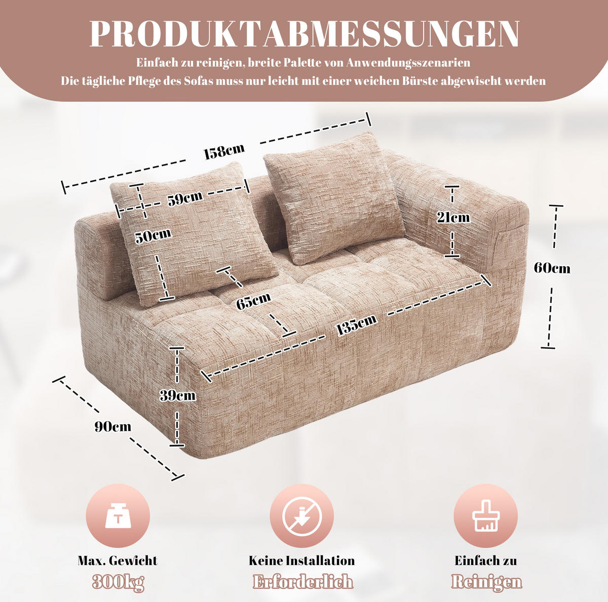 POHOVKA 158/90/60 cm khaki z chenille s kapsami a polštářem - písková barva, textil (60/158/90cm) - OKWISH