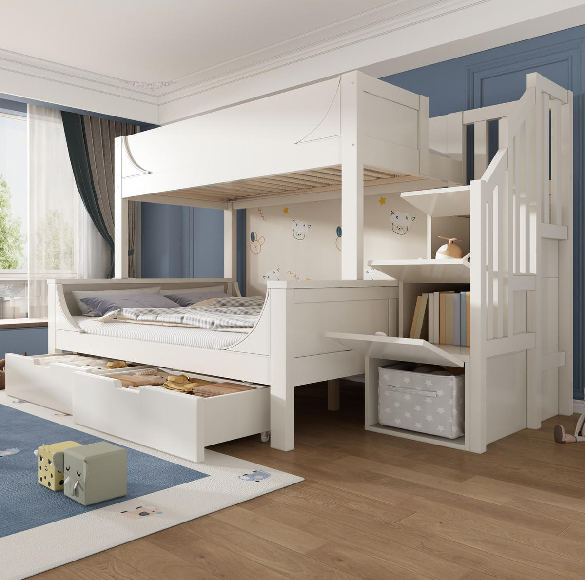 ETAGENBETT mit Stauraum, Weiß, 90 / 140/200 cm, ohne Matratze - Weiß, Holz (140/200cm) - MIVRAY