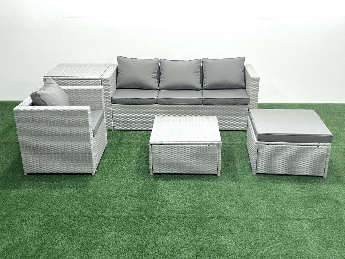 GARTENMÖBELSET mit 3-SITZER SOFA,COUCHTISCH Polyrattan Hellgrau-Mix 5-Sitzer - Hellgrau/Grau, Glas/Kunststoff - Fimous
