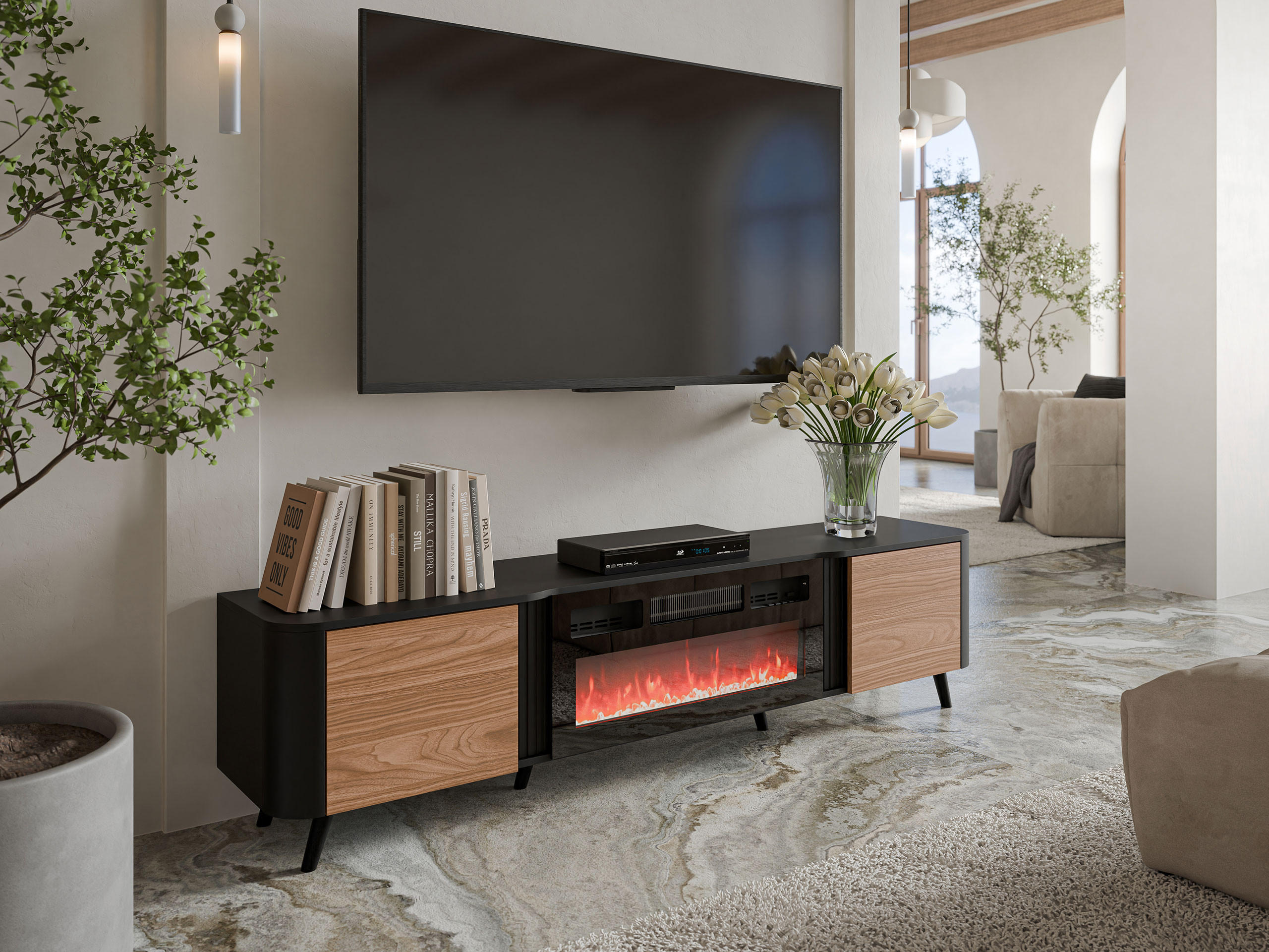 TV-LOWBOARD Volare 200 EF mit Kamin - Nussbaumfarben/Schwarz, Holzwerkstoff/Kunststoff (200/49/39cm) - MIRJAN24