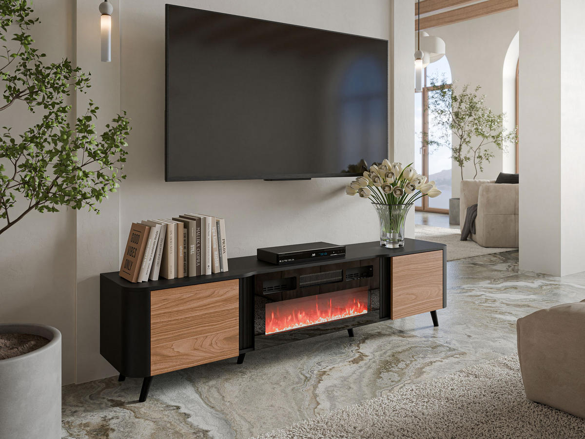 TV-LOWBOARD Volare 200 EF mit Kamin - Nussbaumfarben/Schwarz, Holzwerkstoff/Kunststoff (200/49/39cm) - MIRJAN24