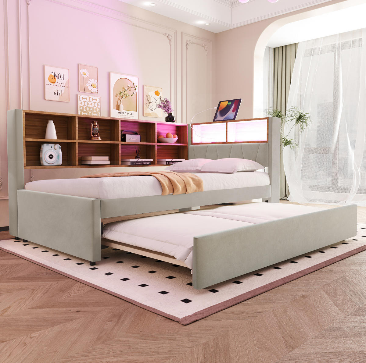 POLSTERBETT 90/200 cm Hellgrau aus Flanell mit Ausziehbett und LED-Beleuchtung - Hellgrau, Textil (90/200cm) - OKMYHOME