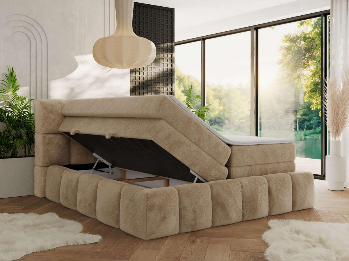 BOXSPRINGBETT NIRA KING 160/200 Beige Plüsch - H3 - Beige, Holz/Textil (160/200cm) - MKS
