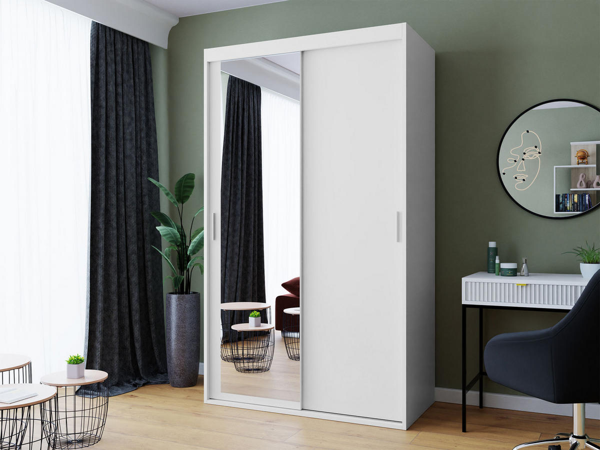 SCHWEBETÜRENSCHRANK Rejat 120 - Silberfarben/Weiß, Holzwerkstoff/Kunststoff (120/205/60cm) - MIRJAN24