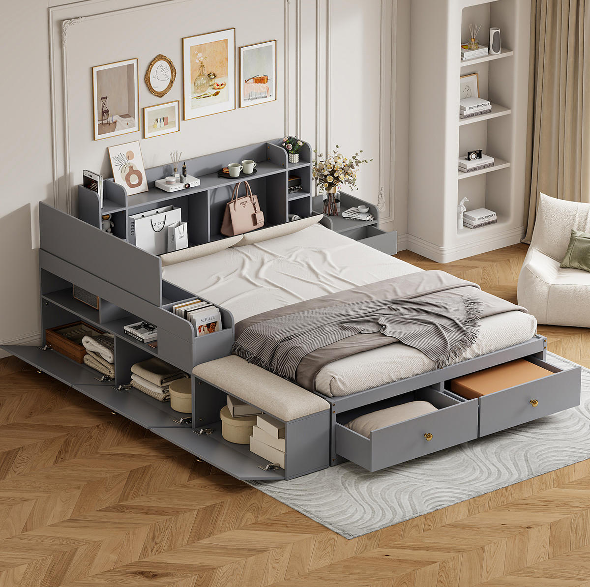 KOMBIBETT Massivholz 140/200 cm grau mit gepolstertem Kopfteil und Stauraum - Grau, Holz (140/200cm) - OKWISH