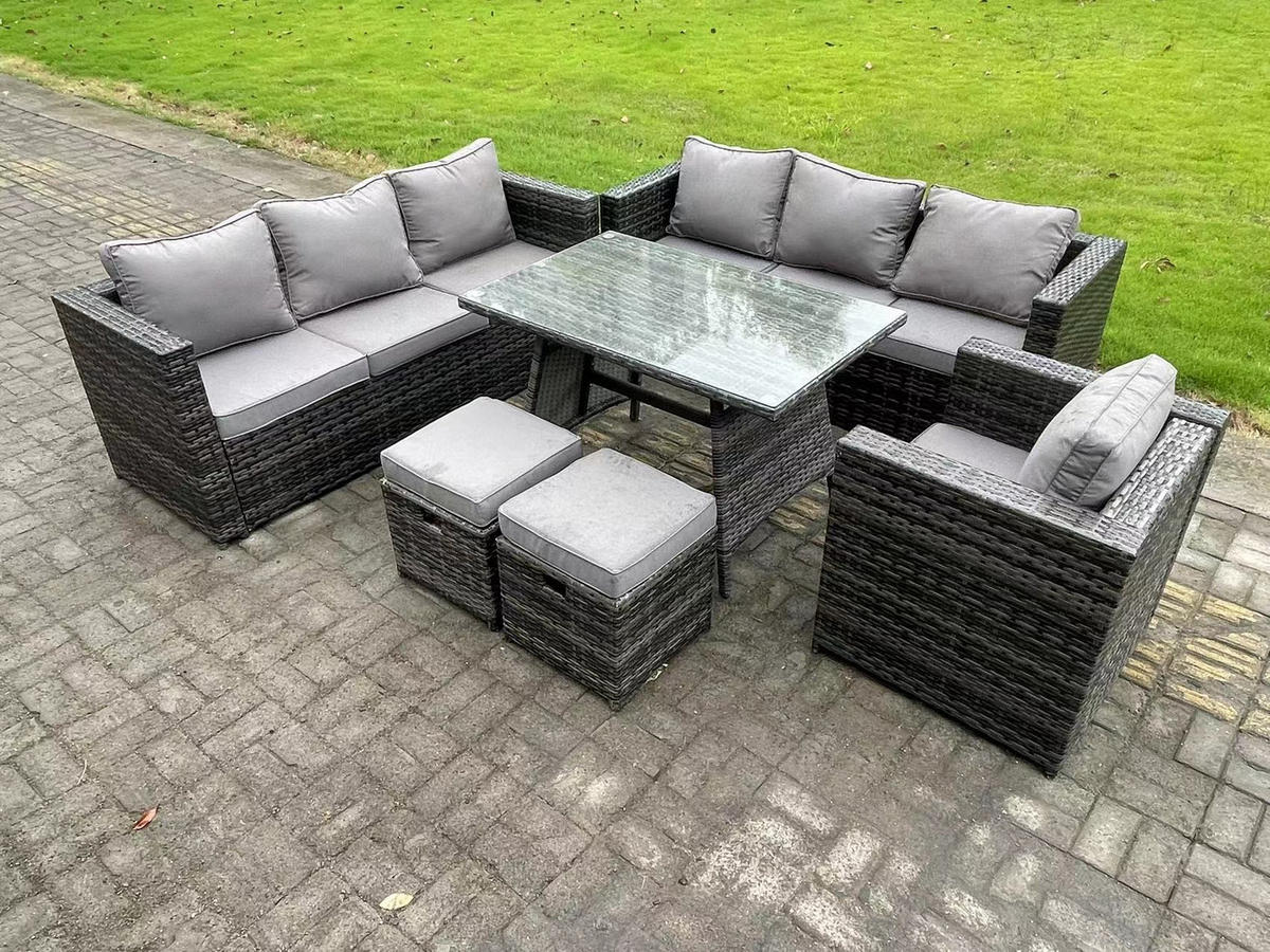 GARTENMÖBELSET mit Hocker Esstisch 9-Sitzer Grau - Dunkelgrau/Grau, Glas/Kunststoff - Fimous