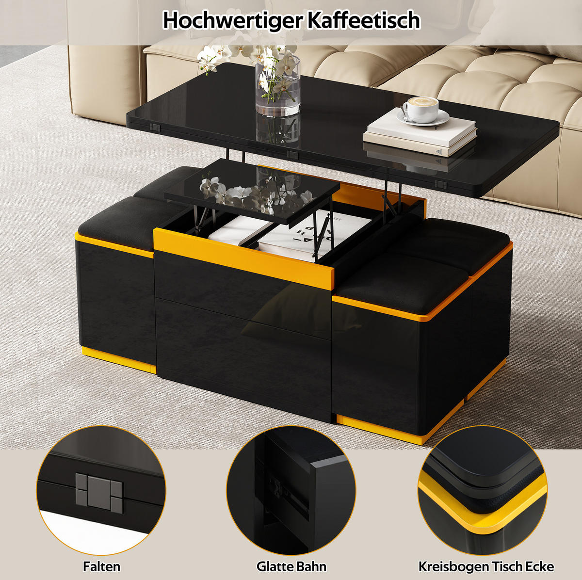 COUCHTISCH 100/50/43 cm aus MDF mit Klapp- und Hebefunktion, Stauraum und 4 Hockern, Schwarz/Gelb - Schwarz, Holzwerkstoff (100/50/43cm) - Redom