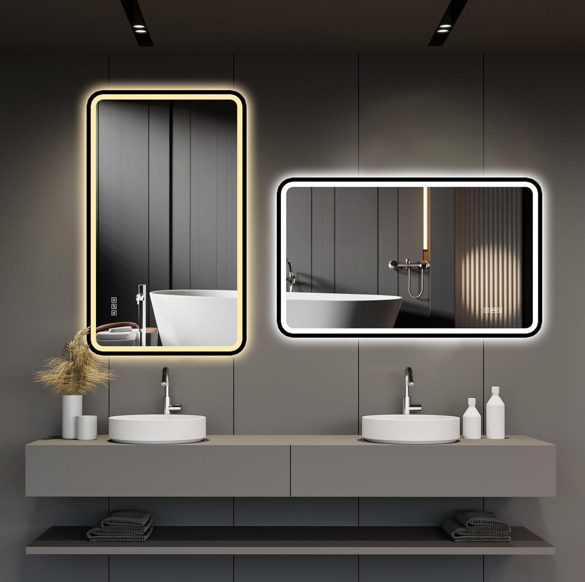 WANDSPIEGEL 100/4/60 cm schwarz aus Aluminium, Glas und Metall mit Anti-Beschlag, dimmbar - Schwarz, Metall (60/4/100cm) - OKWISH