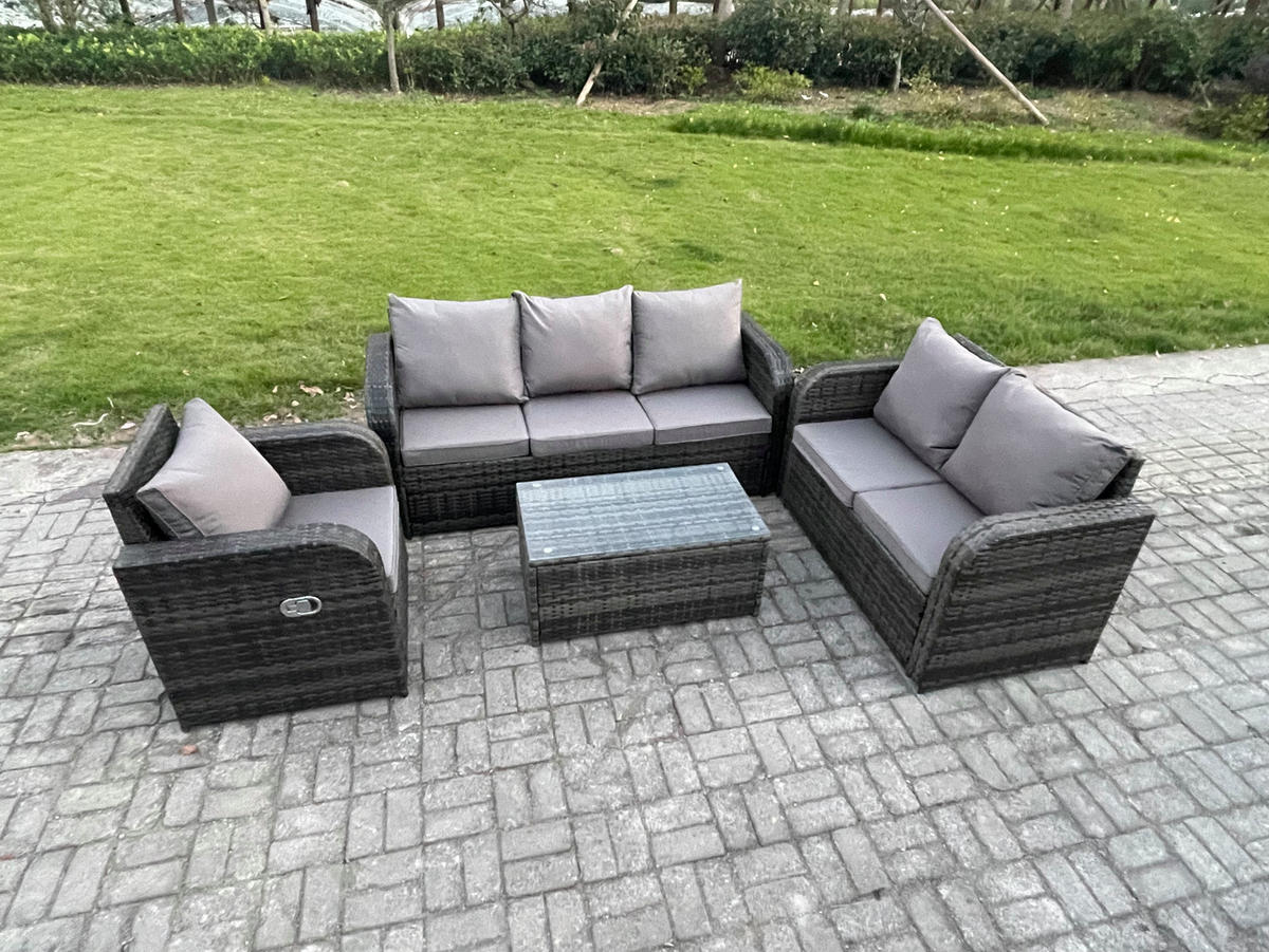 GARTENSET Polyrattan Dunkelgrau 6-Sitzer - Dunkelgrau/Grau, Glas/Kunststoff - Fimous