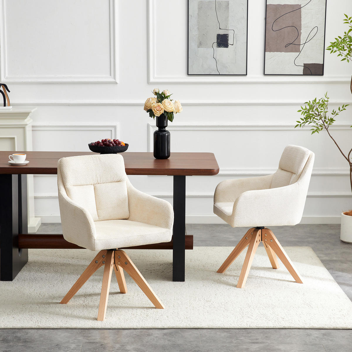 ARMLEHNSTUHL-SET DE-36632 2 Stück mit Samtbezug und Massivholzbeinen Hellbeige - Weiß, Holz (43/87/45cm) - ComfortXL