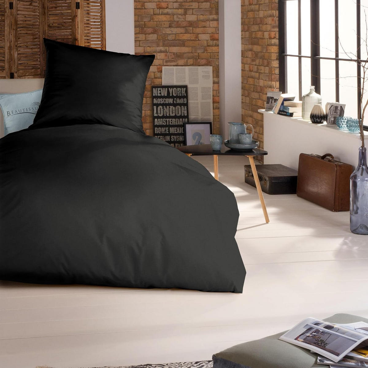 BETTWÄSCHE Julie 155/220 cm + Kissenbezug 80/80 cm Schwarz Renforcé 2er Set - Schwarz, Naturmaterialien/Textil (155/220cm) - Beautissu 