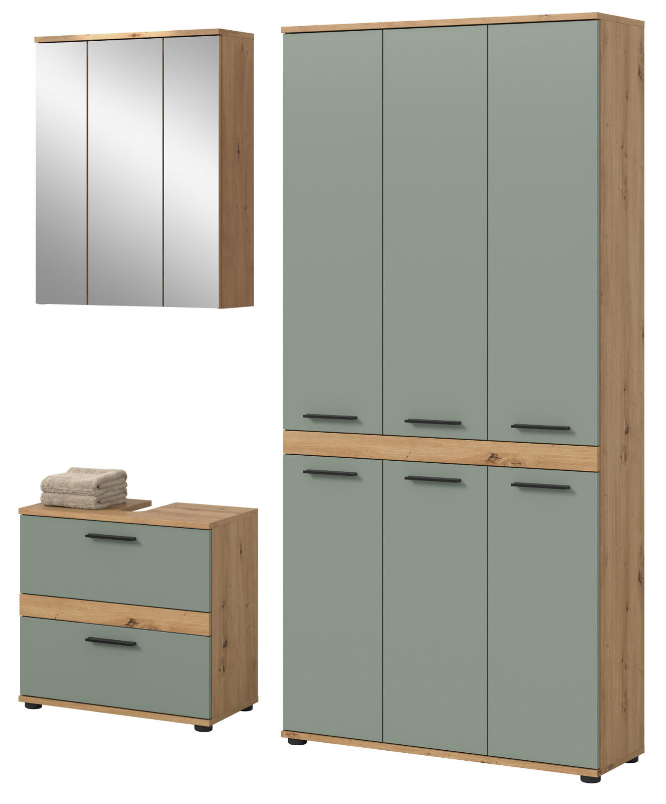BADMÖBEL-SET 3-teilig Salbei grün, Artisan Eiche 167 cm, Badezimmerschränke mit viel Stauraum - Salbeigrün/Schwarz, Glas/Holzwerkstoff (167/191/34cm) - Inn.Furn