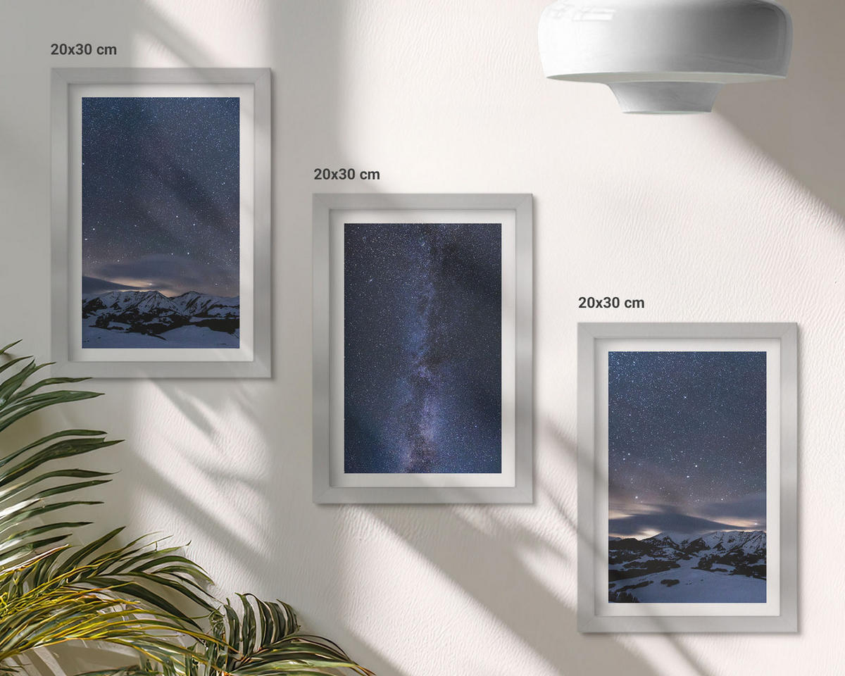 BILDER SET 3er Set - 20x30 cm Silberner Rahmen - Nachthimmel, Berge, Sterne - Silberfarben, Kunststoff (20/30cm) - TULUP