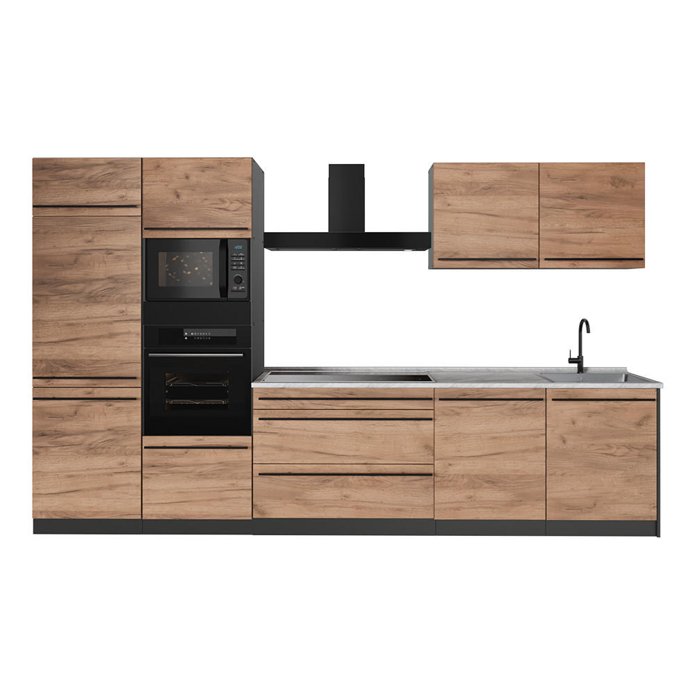 KÜCHENZEILE R-Line, Goldkraft Eiche/Anthrazit, 340 cm Arbeitsplatte Marmor - Honigeiche/Anthrazit, Holzwerkstoff (340/206.8/60cm) - Vicco