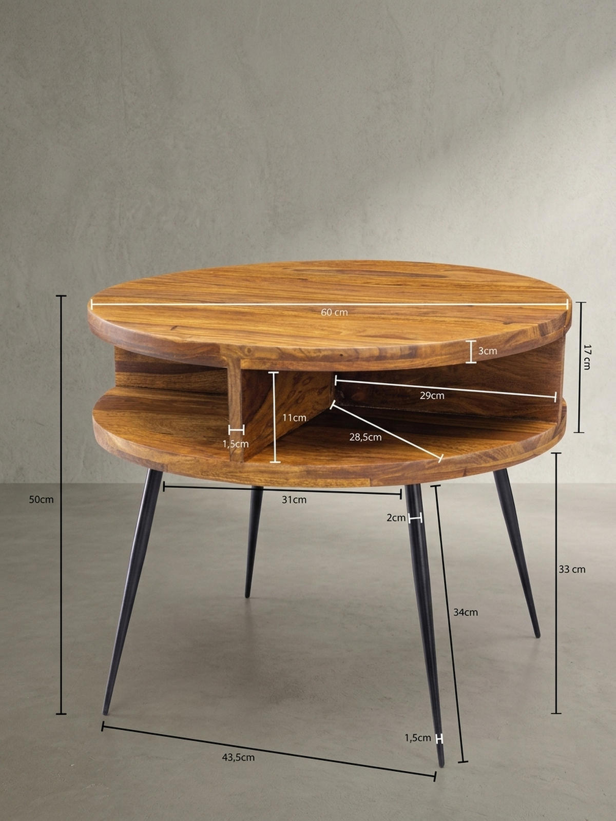 COUCHTISCH aus Sheesham Massivholz, Rund mit 4 Ablagefächern, Gestell aus Schwarzem Metall - Schwarz/Braun, Holz/Metall (60/60/45cm) - KADIMA DESIGN