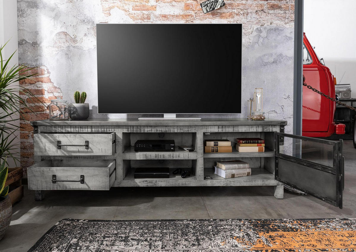 TV-BOARD Mango 190x40x60 grau lackiert HEAVY INDUSTRY #134 - Grau, Holz (190/60/40cm) - Massivmoebel24