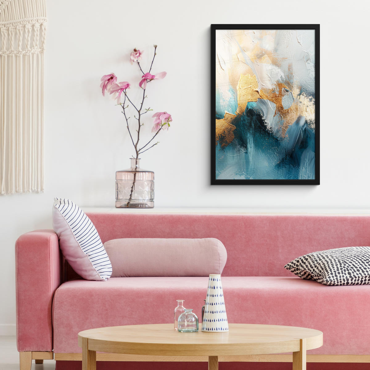 GERAHMTES BILD Abstrakt - Kunst - Gold - Blau 40x60 cm - Petrol, Papier (40/60cm) - MuchoWow