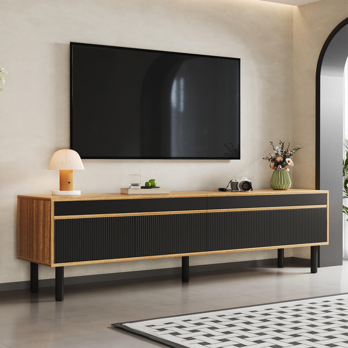 TV Lowboard 170x38x47,7 cm, 4 Türen, Schwarz Natur - Schwarz, Holz (170/47/38cm)