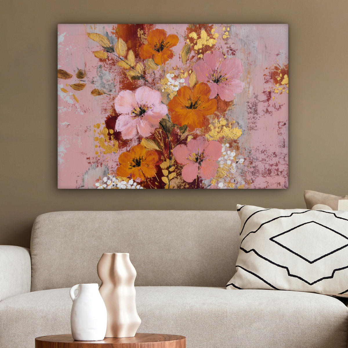 LEINWANDBILD Malerei - Blumen - Rustikal - Rosa Wandbilder 80x60 cm - Altrosa, Textil (80/60cm) - MuchoWow