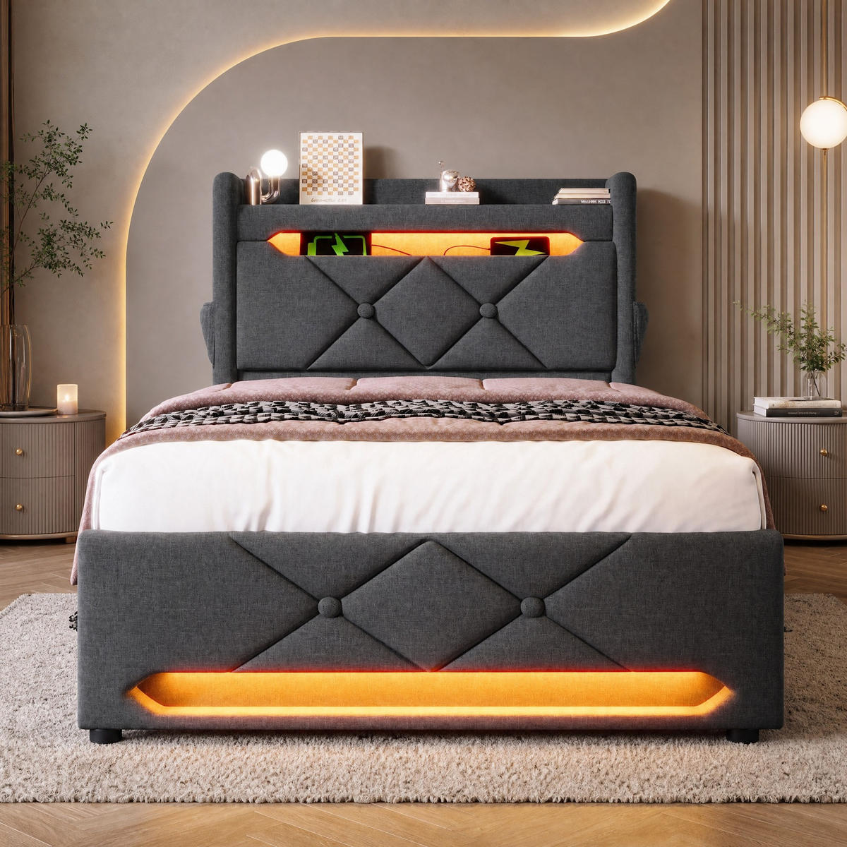 POLSTERBETT 90/200 mit Bettkasten, LED, USB/Type-C und Stauraum-Kopfteil in Grau - Grau, Holzwerkstoff/Textil (90/200cm) - EVRYAE