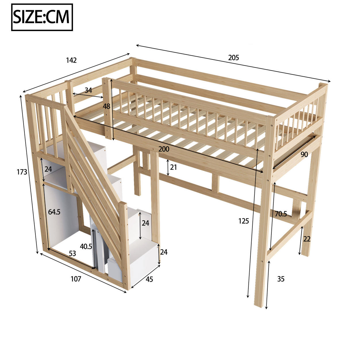 HOCHBETT 90/200 cm aus Holzfarbe mit Stauraumtreppe und Rausfallschutz - Naturfarben, Holzwerkstoff (90/200cm) - BEAOK