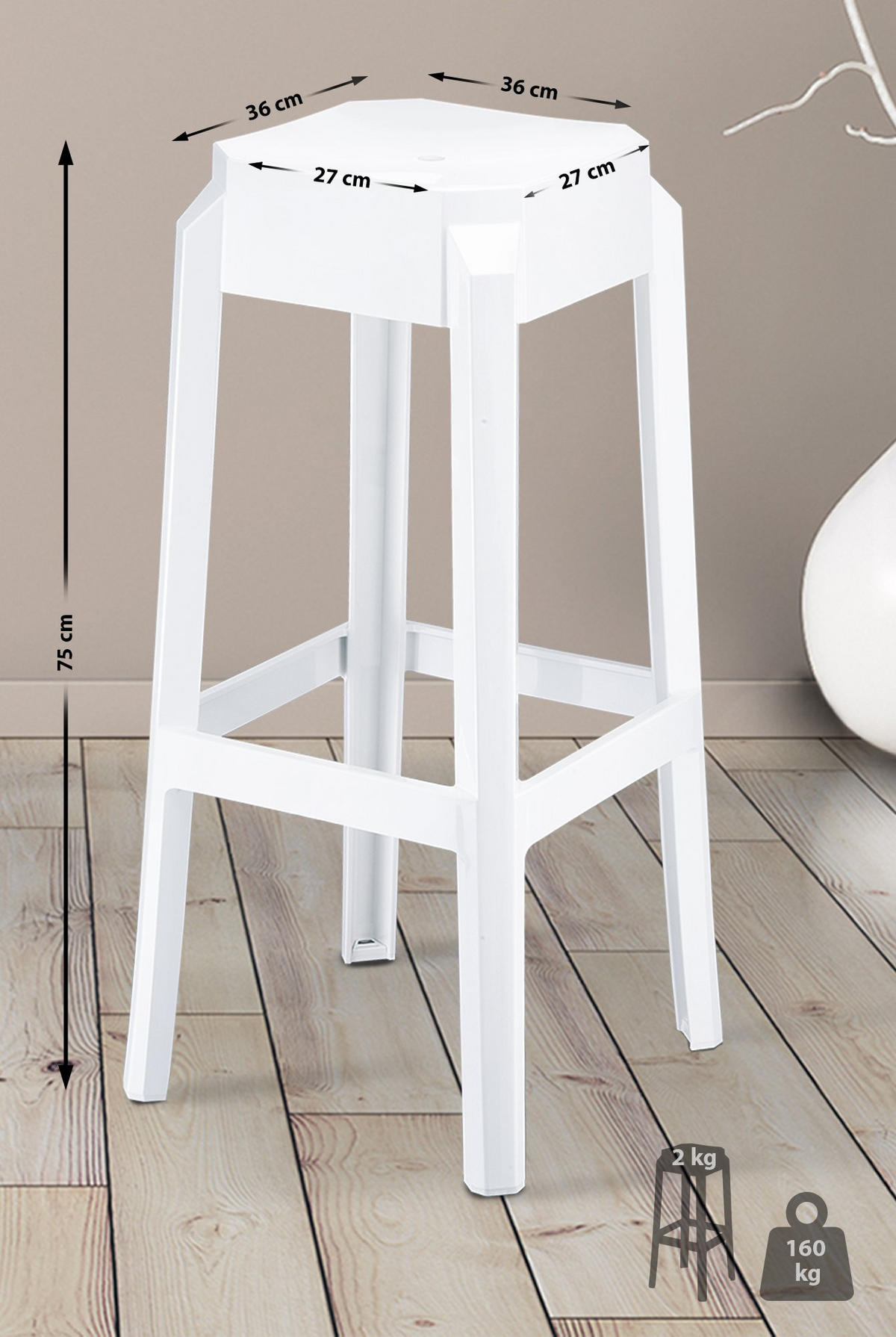 BARHOCKER Kunststoff weiß glanz - Eukalyptusholzfarben/Weiß Hochglanz, Kunststoff (36/75/36cm) - CLP