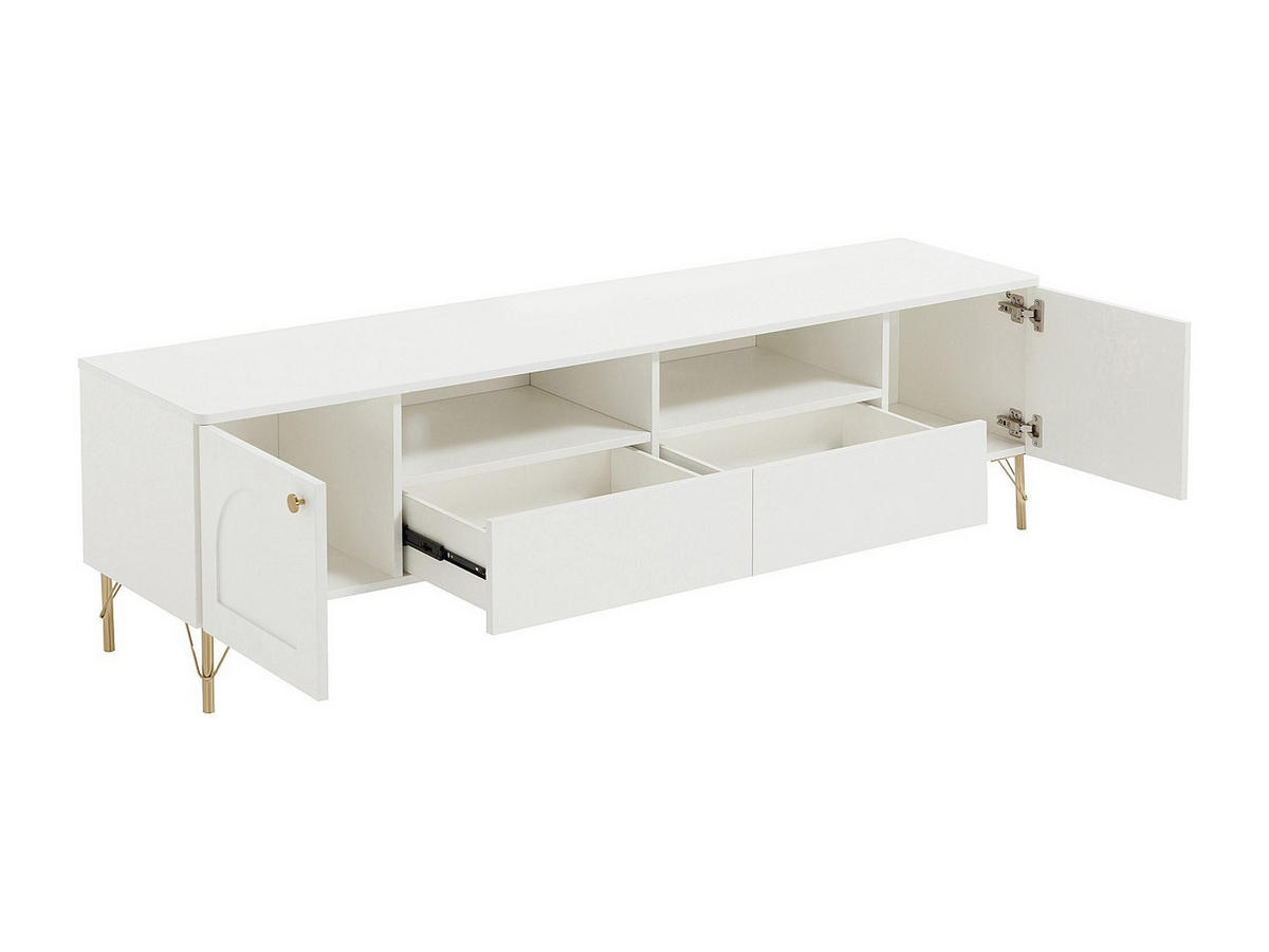 TV-MÖBEL mit 2 Türen, 2 Schubladen und 2 Fächern – Weiß & Gold – ALOBARA - Weiß, Holz (180/50/40cm) - Vente-Unique