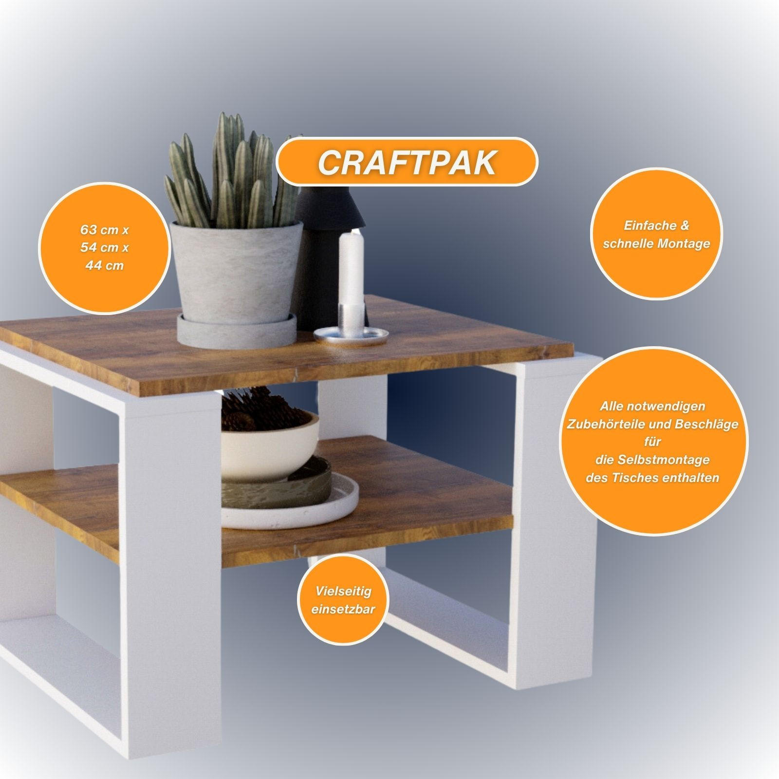 CraftPAK Couchtisch Nussbaum, Weiß 63x44x54 cm