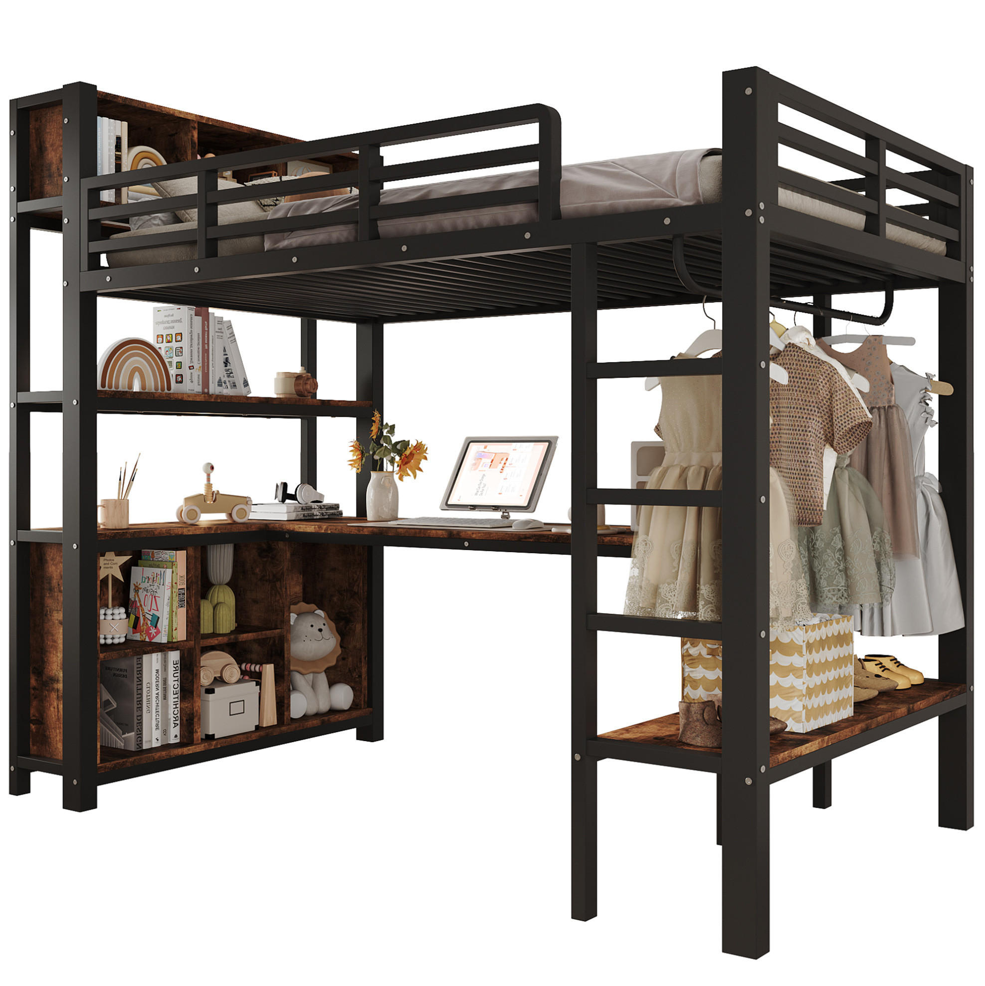 HOCHBETT Metall & MDF 90x200 cm Schwarz mit Schreibtisch, Kleiderstange und Regalen - Schwarz, Holzwerkstoff (90/200cm) - Modfu