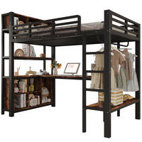 HOCHBETT Metall & MDF 90x200 cm Schwarz mit Schreibtisch, Kleiderstange und Regalen - Schwarz, Holzwerkstoff (90/200cm) - Modfu