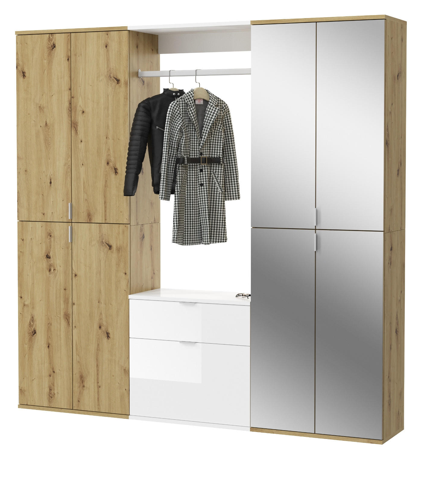 GARDEROBE Eiche Artisan, weiß Hochglanz 183 cm, Kombination mit 21 Fächern - Chromfarben/Weiß Hochglanz, Glas/Holzwerkstoff (183/193/34cm) - Inn.Furn