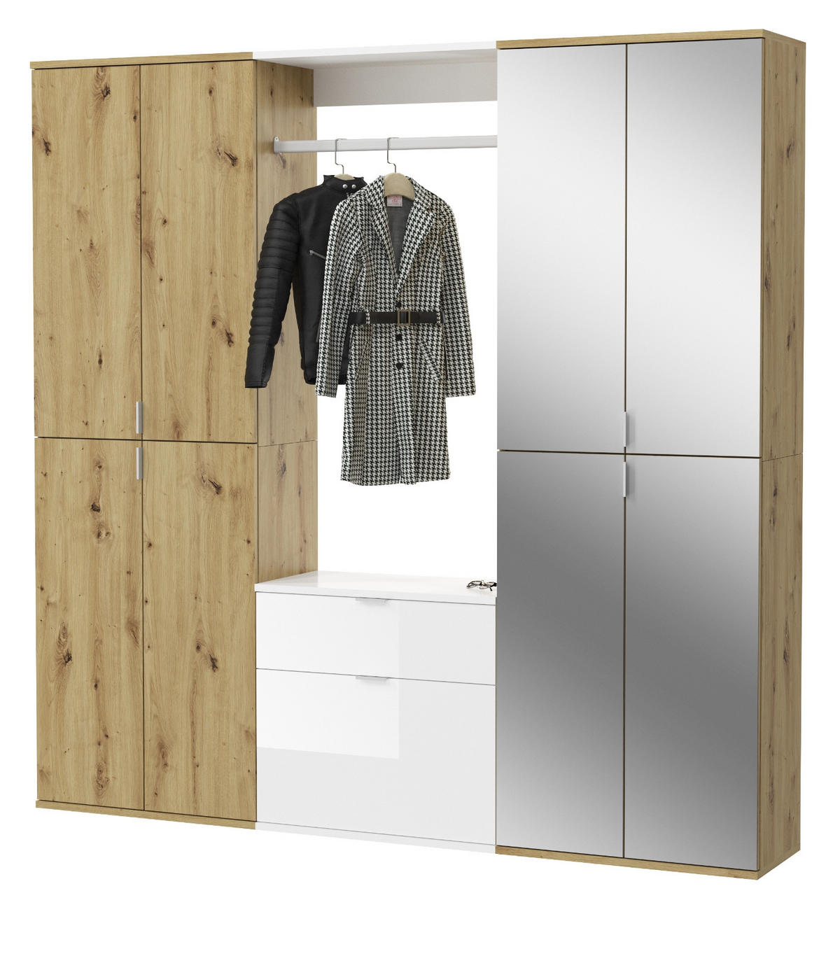 GARDEROBE Eiche Artisan, weiß Hochglanz 183 cm, Kombination mit 21 Fächern - Chromfarben/Weiß Hochglanz, Glas/Holzwerkstoff (183/193/34cm) - Inn.Furn