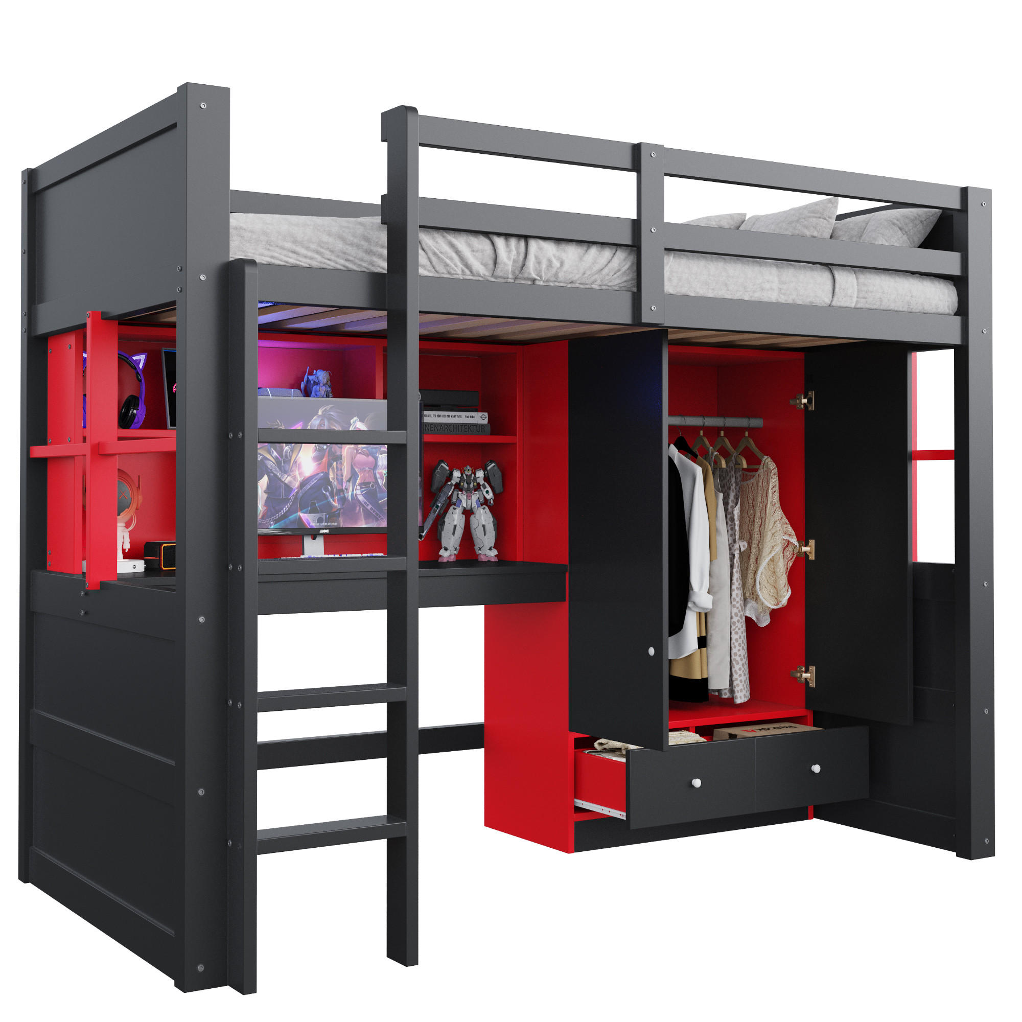 HOCHBETT 90/200 cm in Schwarz und Rot mit LED, Steckdosen, Leiter und Stauraum - Schwarz, Holz/Holzwerkstoff (90/200cm) - WISHDOR