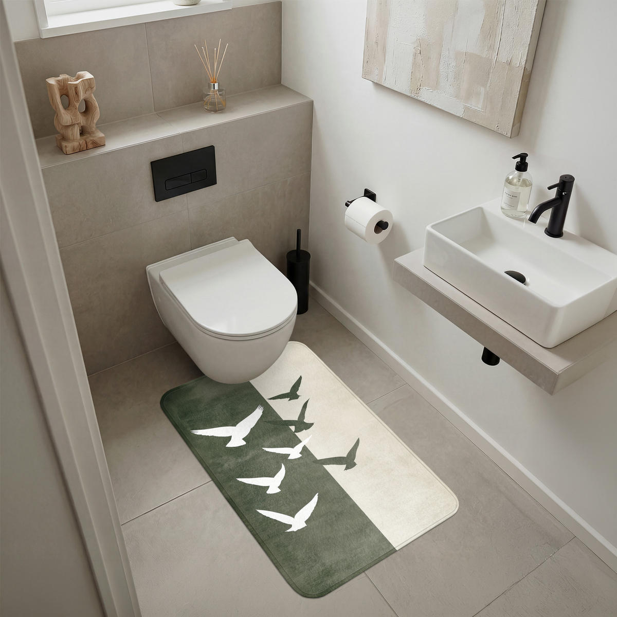 KOUPELNOVÁ PŘEDLOŽKA Japandi - Pták - Zelený 60x90 cm - olivově zelená, textil/plast (60/90cm)
