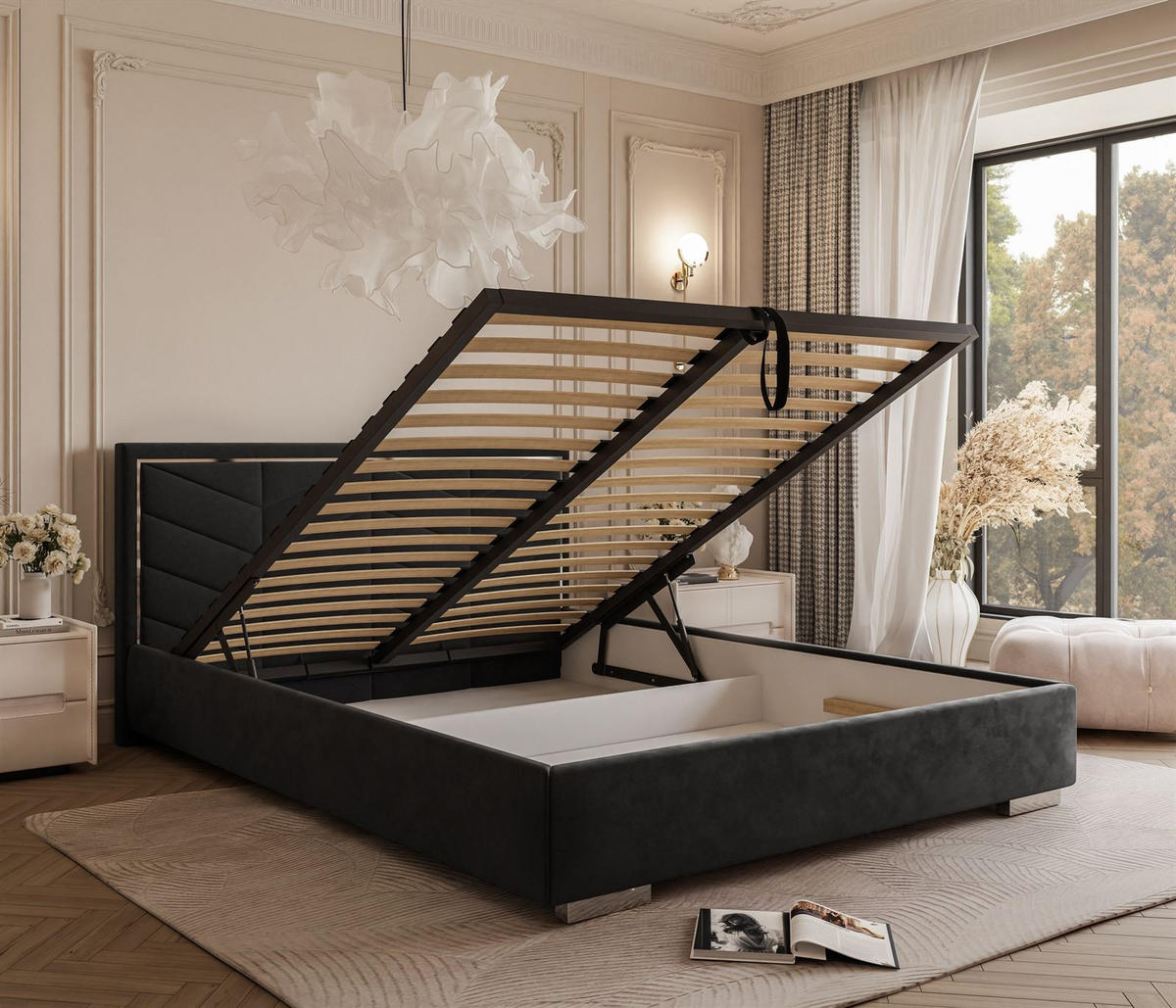 POLSTERBETT AURORA 140x200 mit Bettkasten Jasmine 100 - Schwarz, Textil (140/200cm) - Lookway
