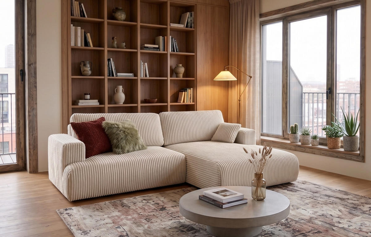 ECKSOFA Luna L rechts Ecru aus Cord - Ecru, Textil (271/195cm) - KS Home Concept