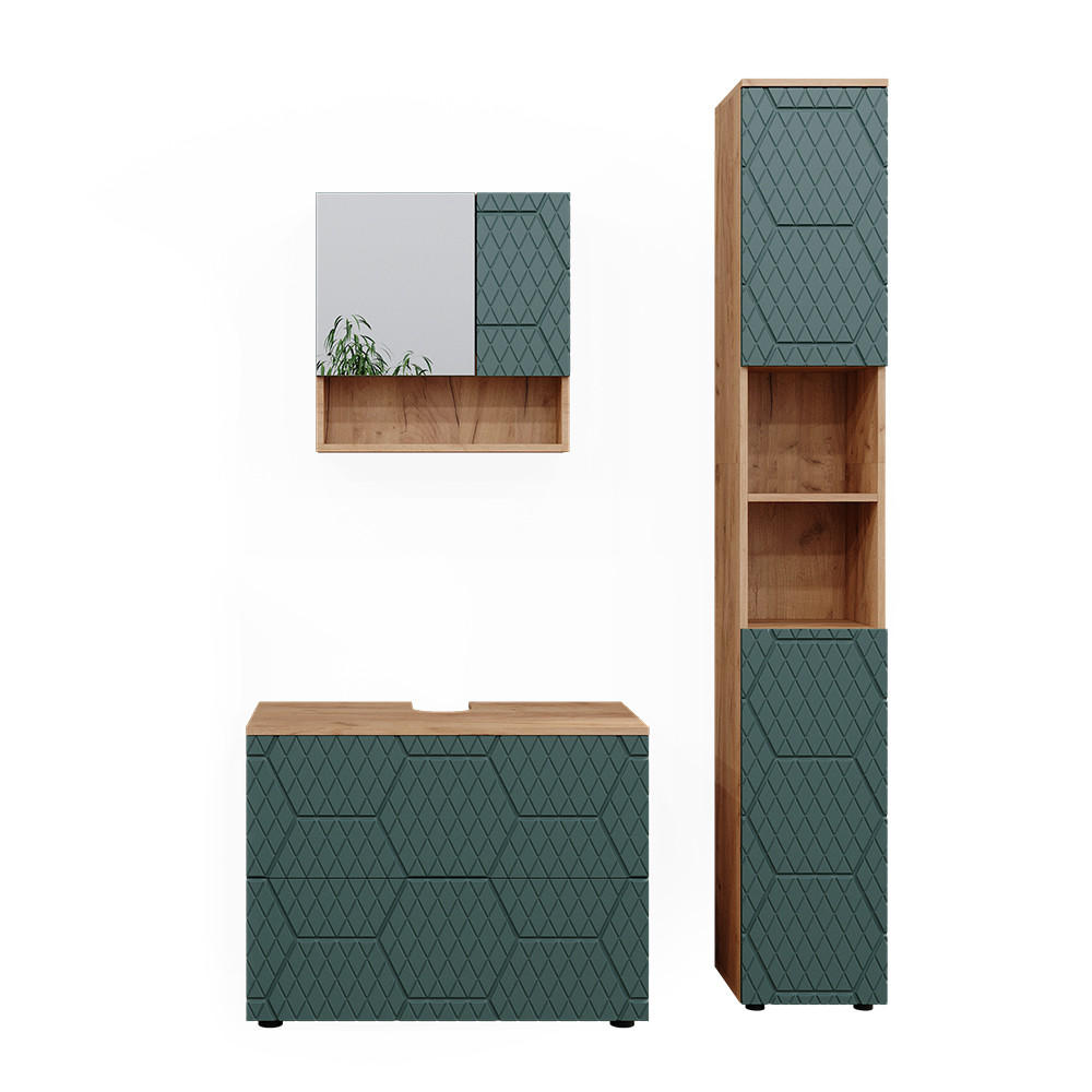 BADMÖBEL-SET Irma Grün 3 Teile, mit Schubladenschrank und Hochschrank - Honigeiche/Grün, Holzwerkstoff (80/58.6/41cm) - Vicco