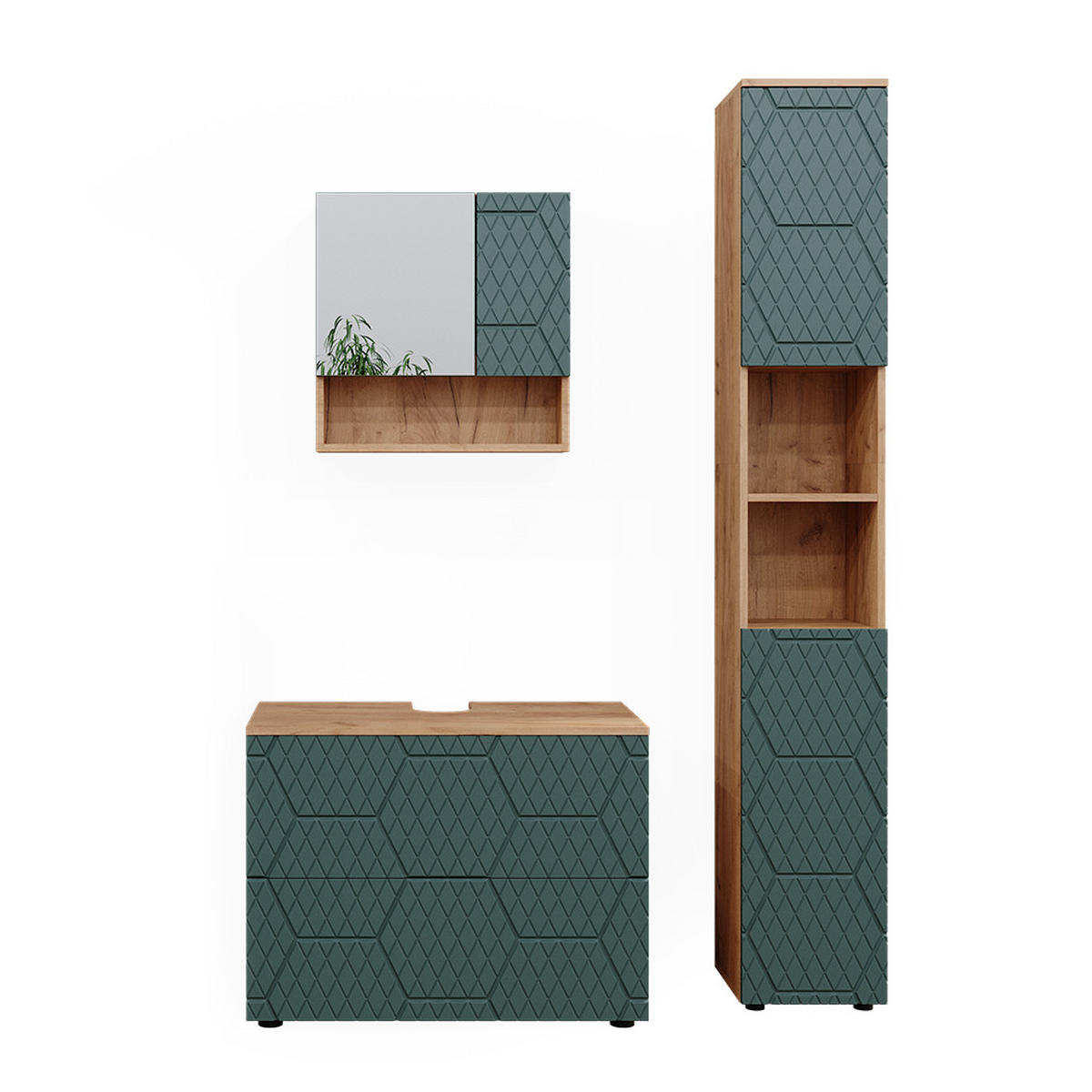 BADMÖBEL-SET Irma Grün 3 Teile, mit Schubladenschrank und Hochschrank - Honigeiche/Grün, Holzwerkstoff (80/58.6/41cm) - Vicco