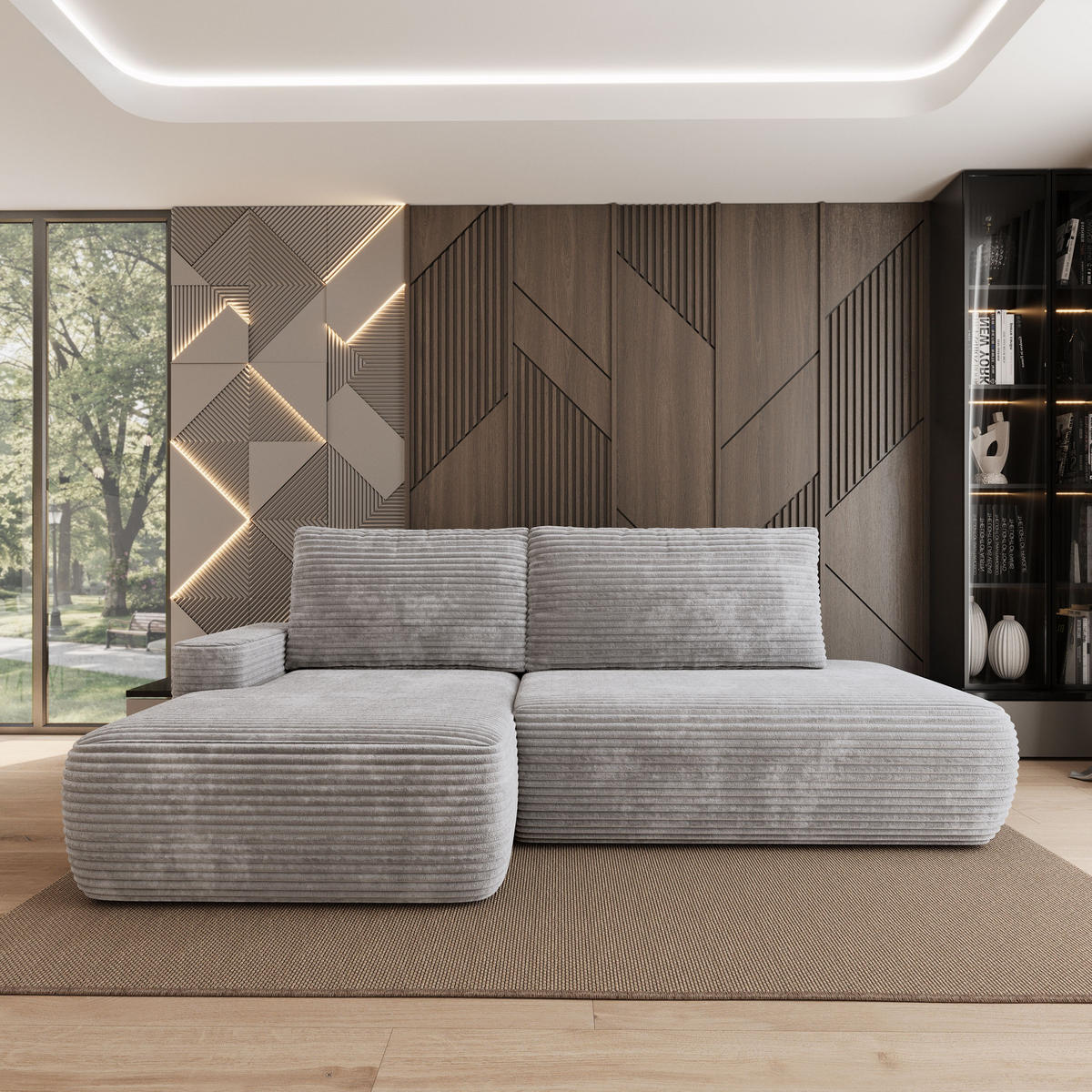 ECKSOFA AVINI T L-S Hellgrau Kordstoff mit Schlaffunktion - Hellgrau, Holzwerkstoff/Textil (277/160cm) - MASSENO