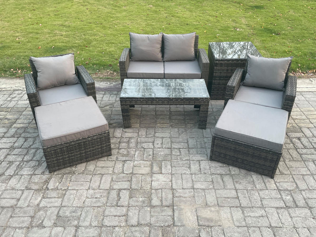 GARTEN LOUNGE SET MIT RECHTECKIGEM COUCHTISCH STUHL 2 HOCKER BEISTELLTISCH Polyrattan Dunkelgrau Gemischt - Dunkelgrau, Metall - Fimous