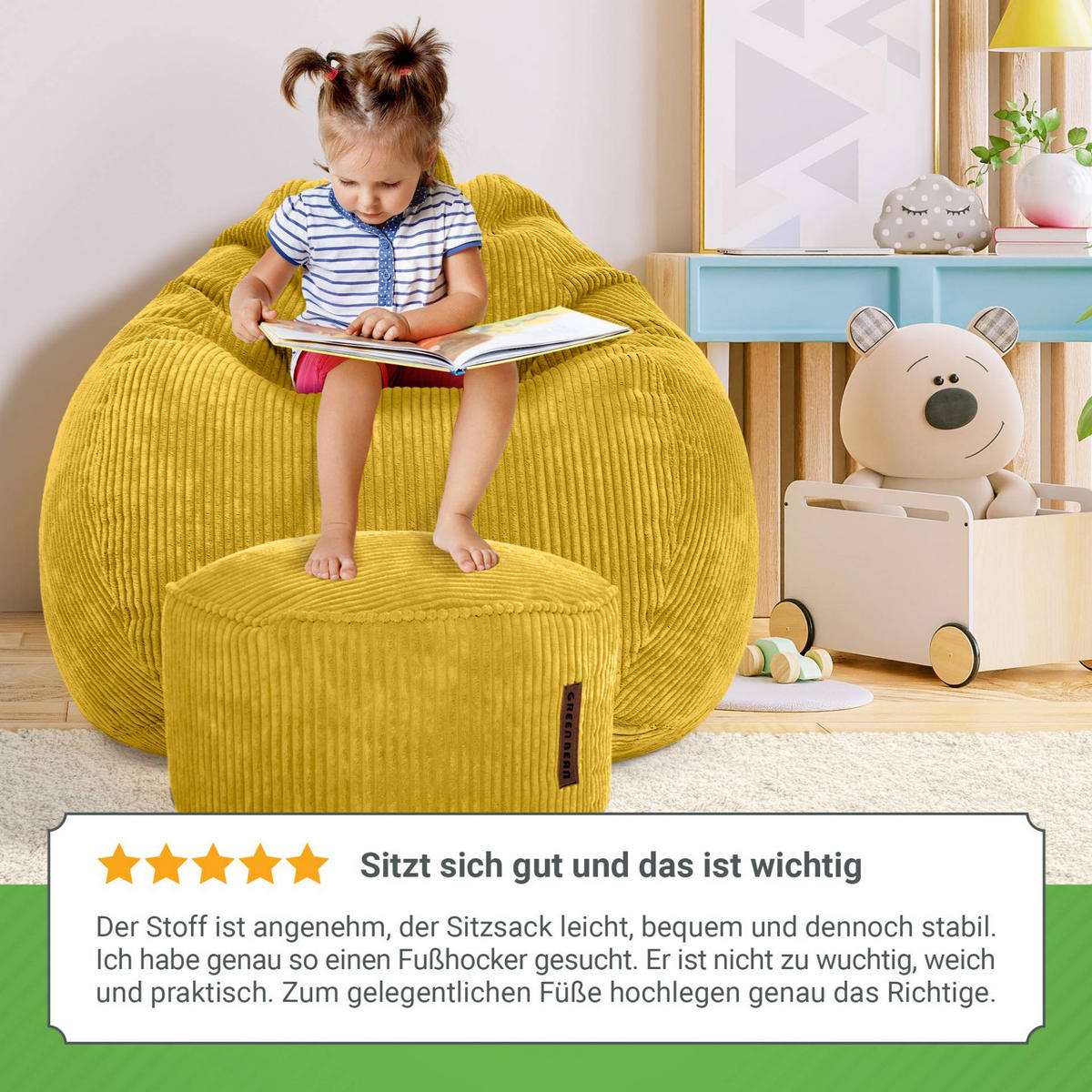 XXL-SITZSACK 2er Set + Pouf - Cordstoff - Gelb, Textil (90/110/90cm) - Green Bean