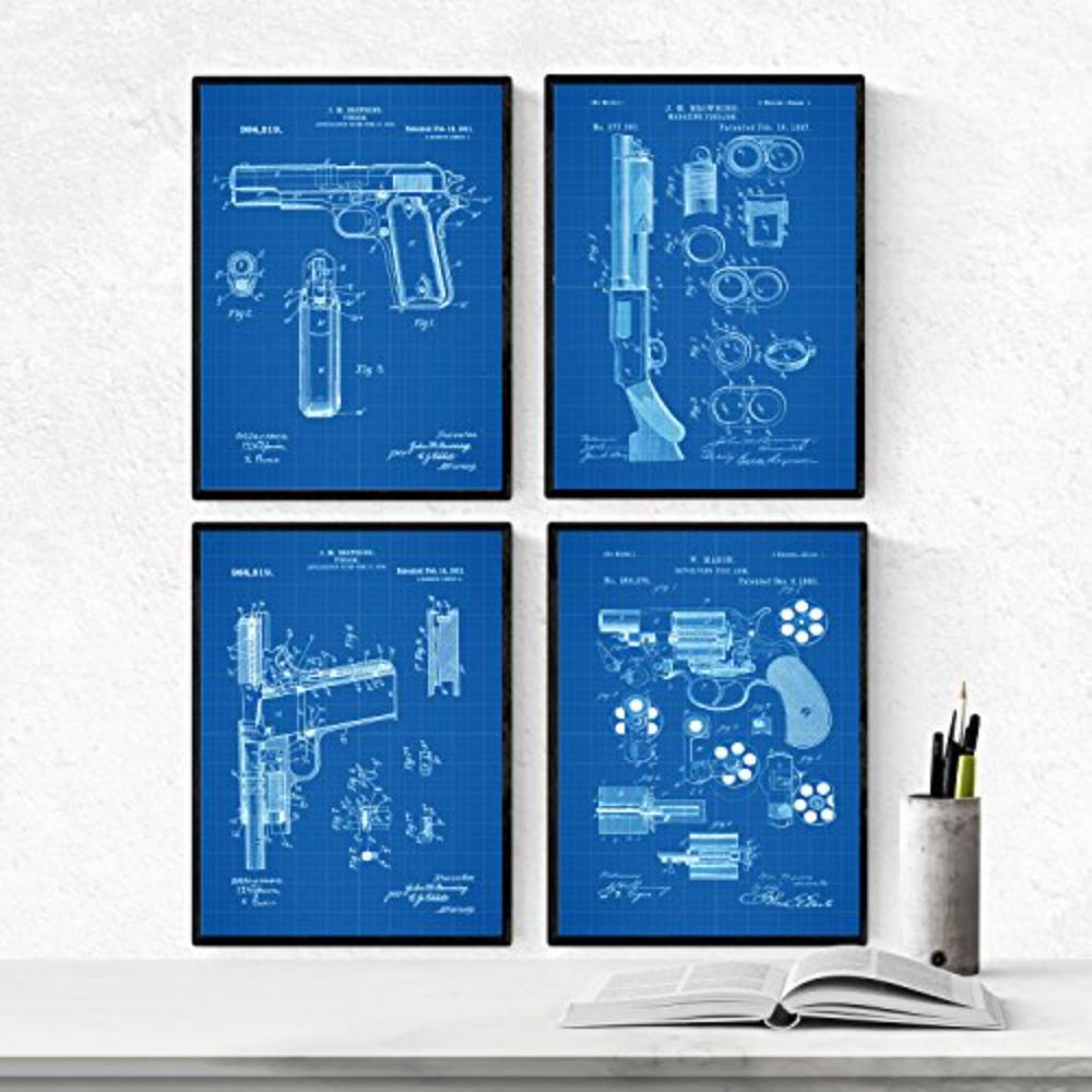 POSTER Set mit 4 Blau Waffen Patent A4 Schwarzer Rahmen - Schwarz, Papier (29.7/3cm) - Nacnic