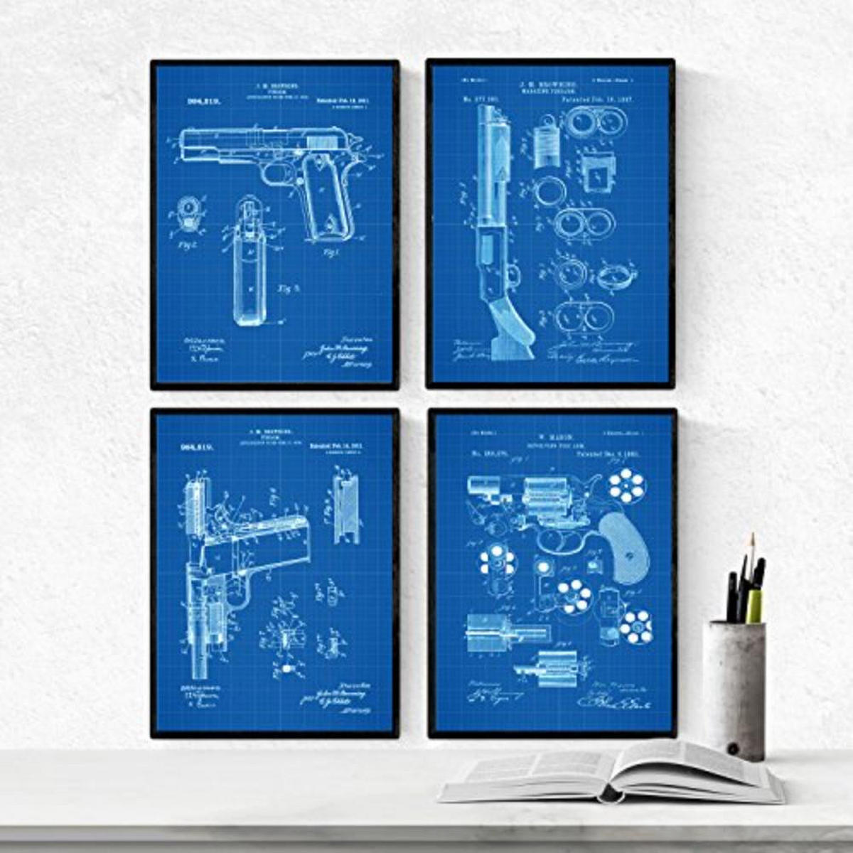 POSTER Set mit 4 Blau Waffen Patent A4 Schwarzer Rahmen - Schwarz, Papier (29.7/3cm) - Nacnic